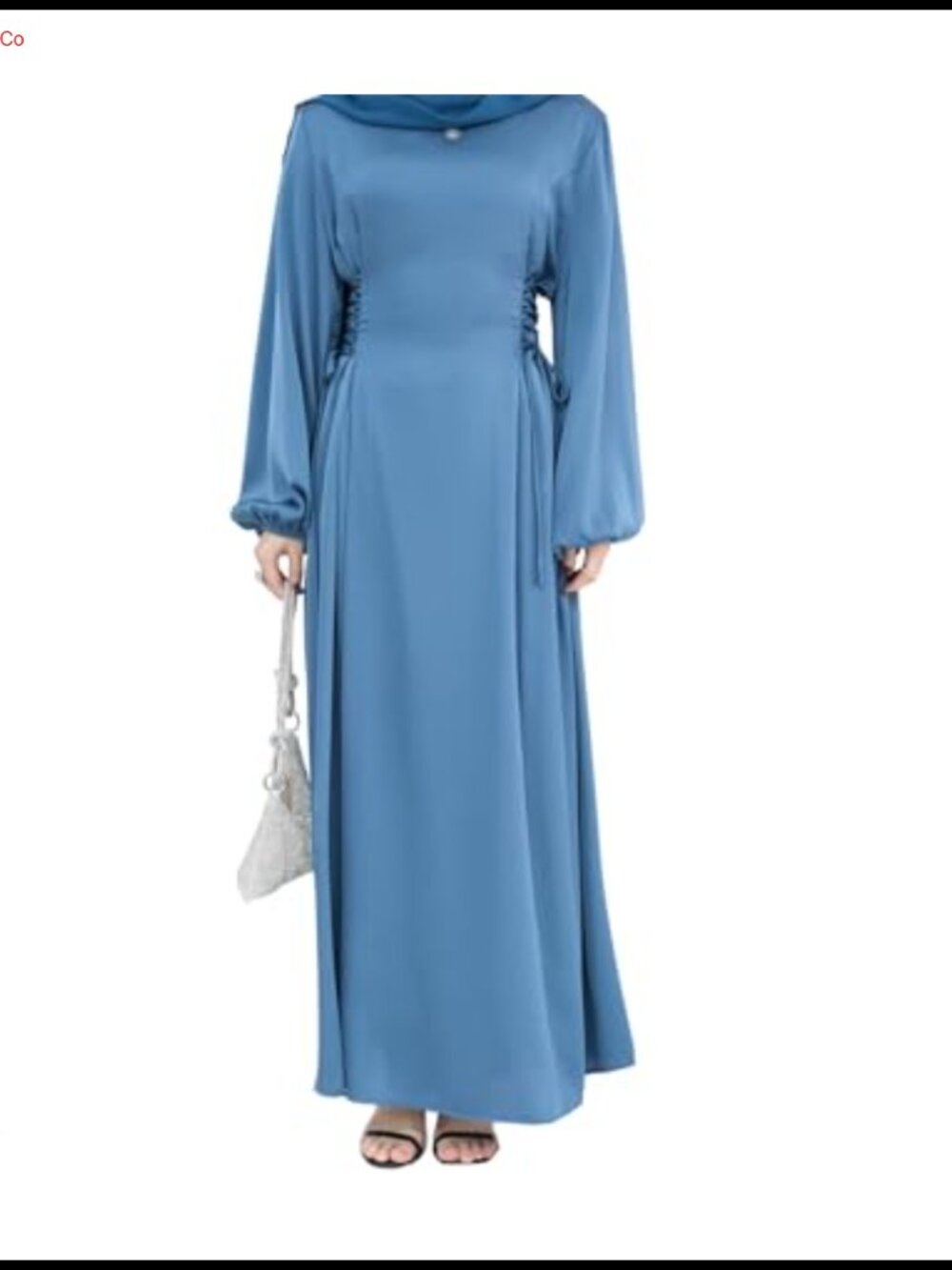 Satin A-Line Evening Gown with Corset Detail Long Puff Sleeves Maxi Dress